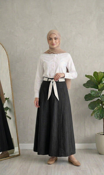 denim skirt with belt -Black