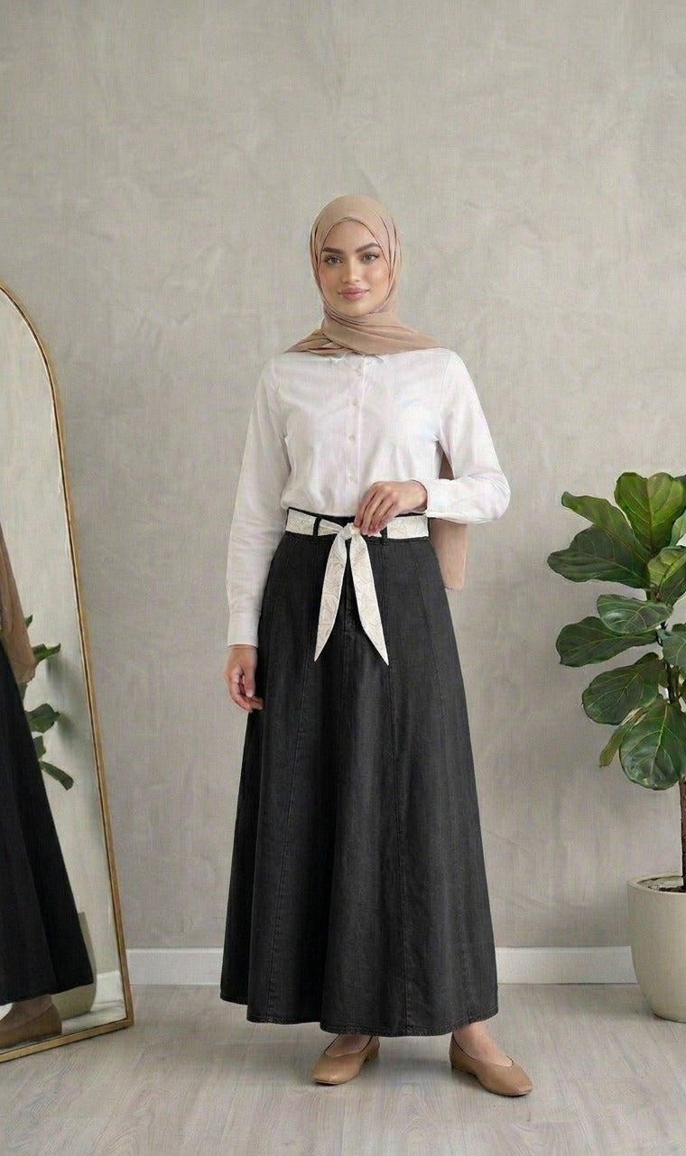 denim skirt with belt -Black