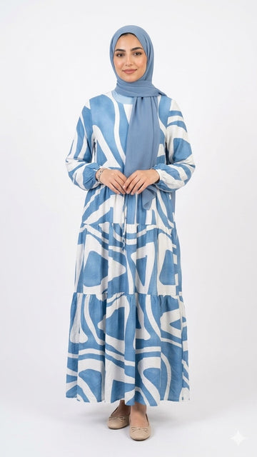 Linen Dress with Waist Tie-White & Blue