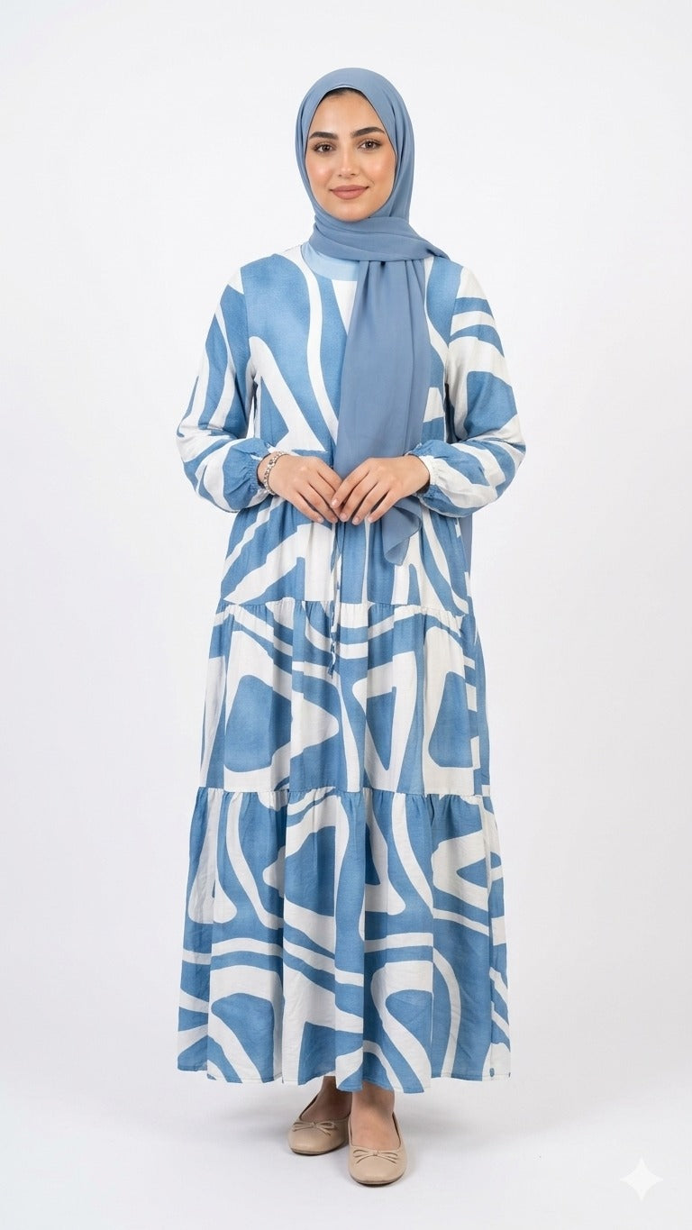 Linen Dress with Waist Tie-White & Blue