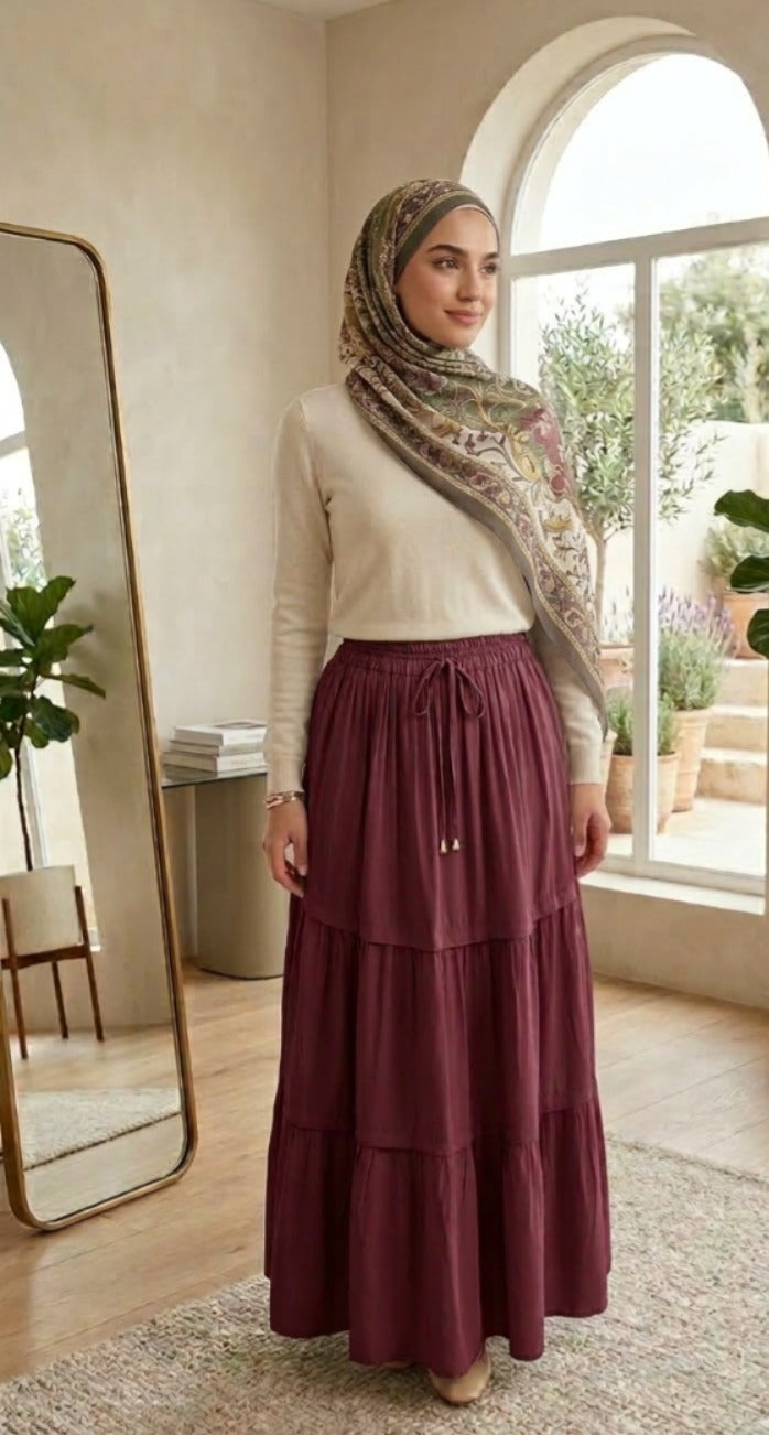Mira Gabardine Tiered Skirt-dark red