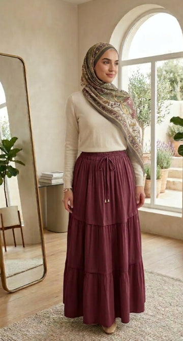 Mira Gabardine Tiered Skirt-dark red