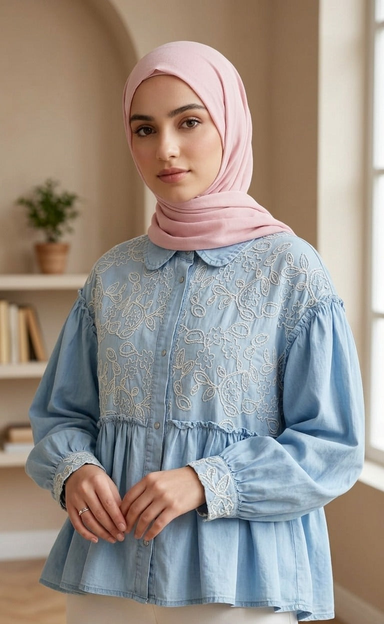 Embroidered Denim Blouse - white