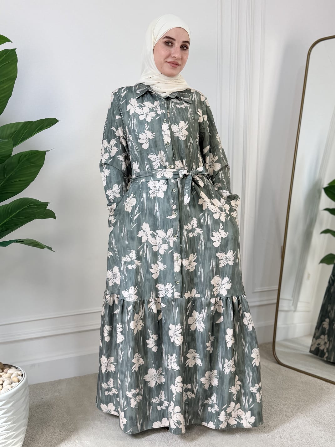 Rose dress Printed With Buttons - Green