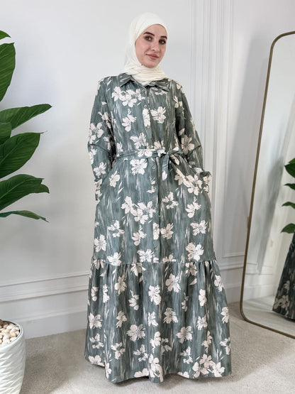Rose dress Printed With Buttons - Green