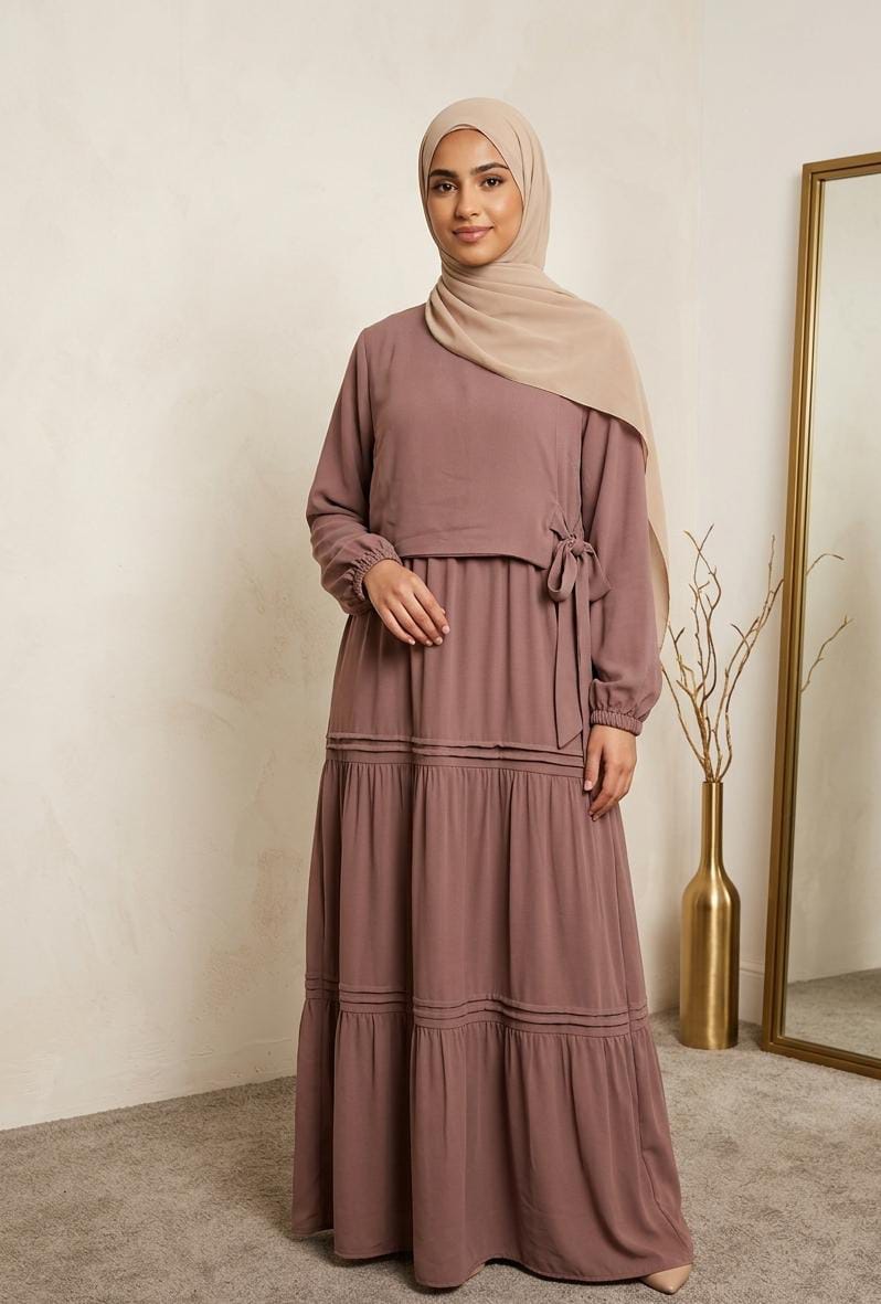 Lauren Tiered Crepe Dress with Matching Hijab-Cashmere