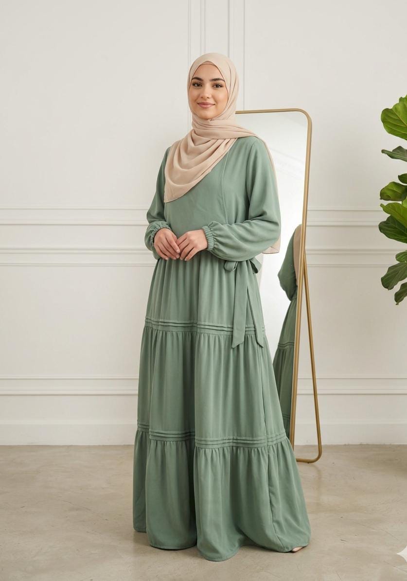 Lauren Tiered Crepe Dress with Matching Hijab-Mint