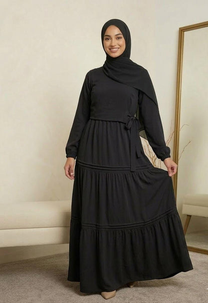 Lauren Tiered Crepe Dress with Matching Hijab-Black