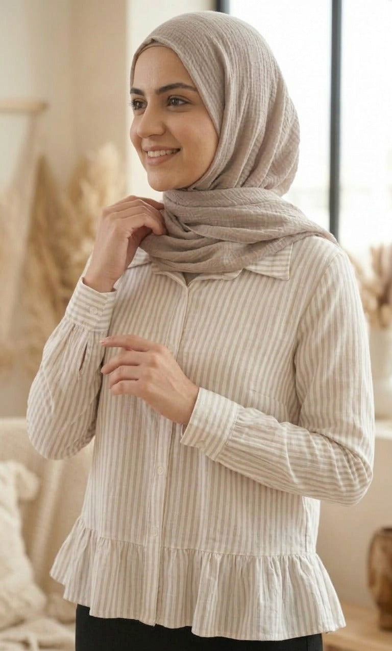 Rahaf Striped Button-Down Shirt- beige