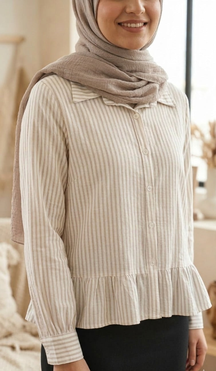Rahaf Striped Button-Down Shirt- beige