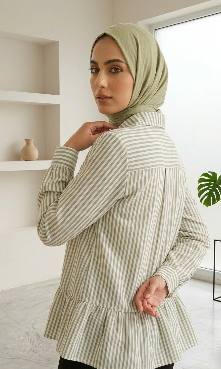 Rahaf Striped Button-Down Shirt- Olive