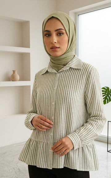 Rahaf Striped Button-Down Shirt- Olive