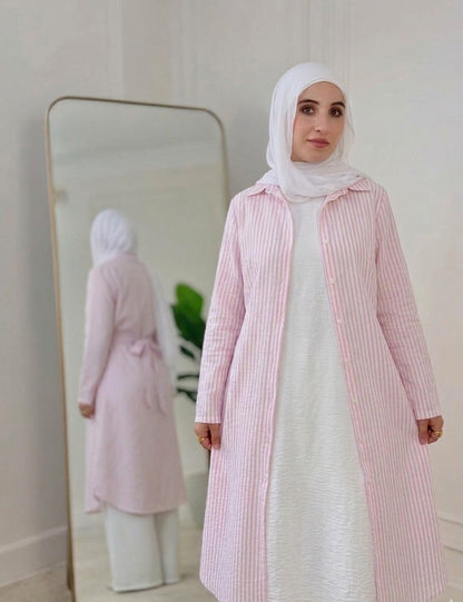 Yaqeen Striped Linen Belted Shirt -Pink