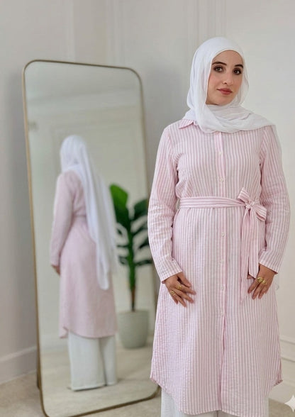 Yaqeen Striped Linen Belted Shirt -Pink