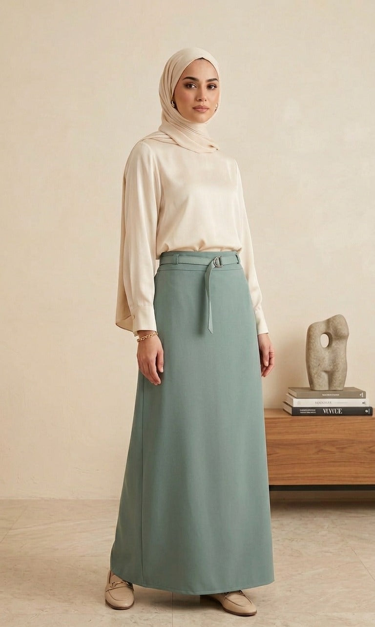 Turkish Etamine Belted Skirt-Mint