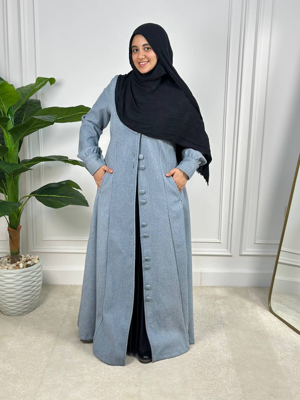 Buttoned Wool Dress - Light Blue