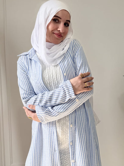 Yaqeen Striped Linen Belted Shirt -Light Blue