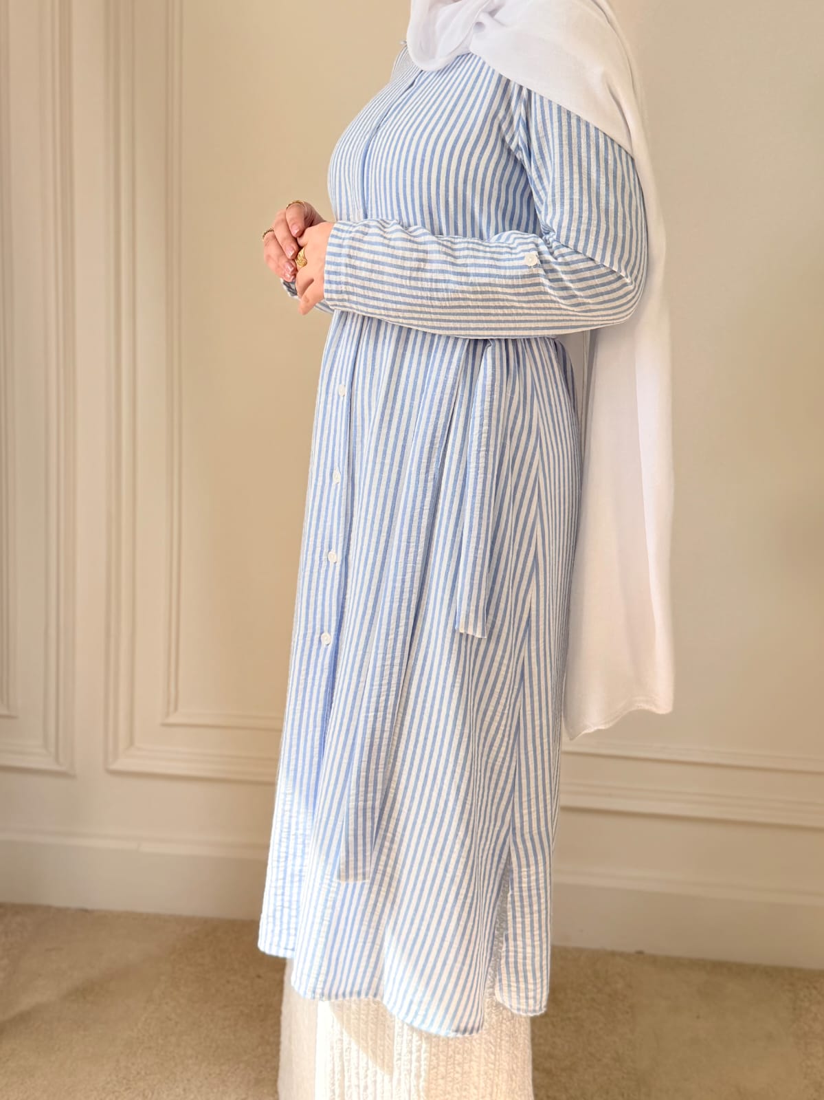 Yaqeen Striped Linen Belted Shirt -Light Blue