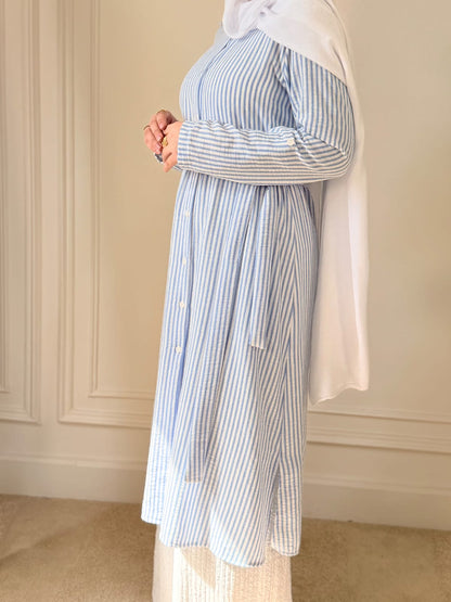 Yaqeen Striped Linen Belted Shirt -Light Blue
