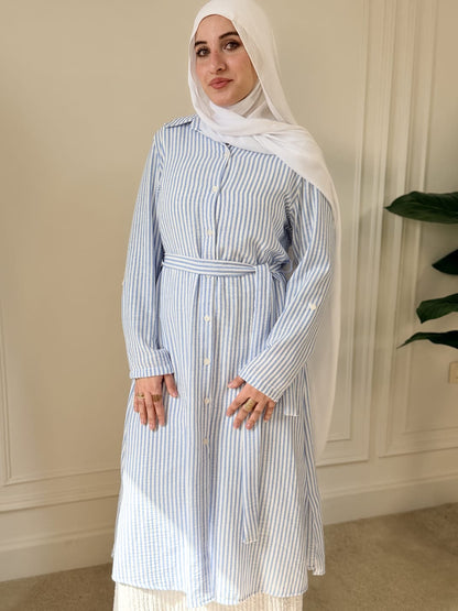 Yaqeen Striped Linen Belted Shirt -Light Blue
