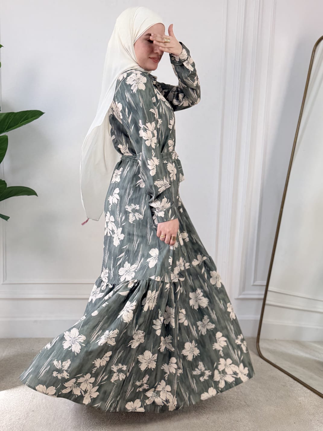 Rose dress Printed With Buttons - Green