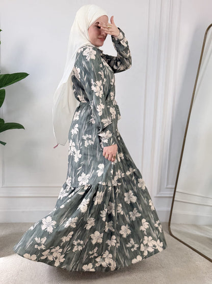 Rose dress Printed With Buttons - Green
