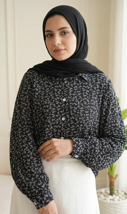 Floral Printed Linen Shirt- black