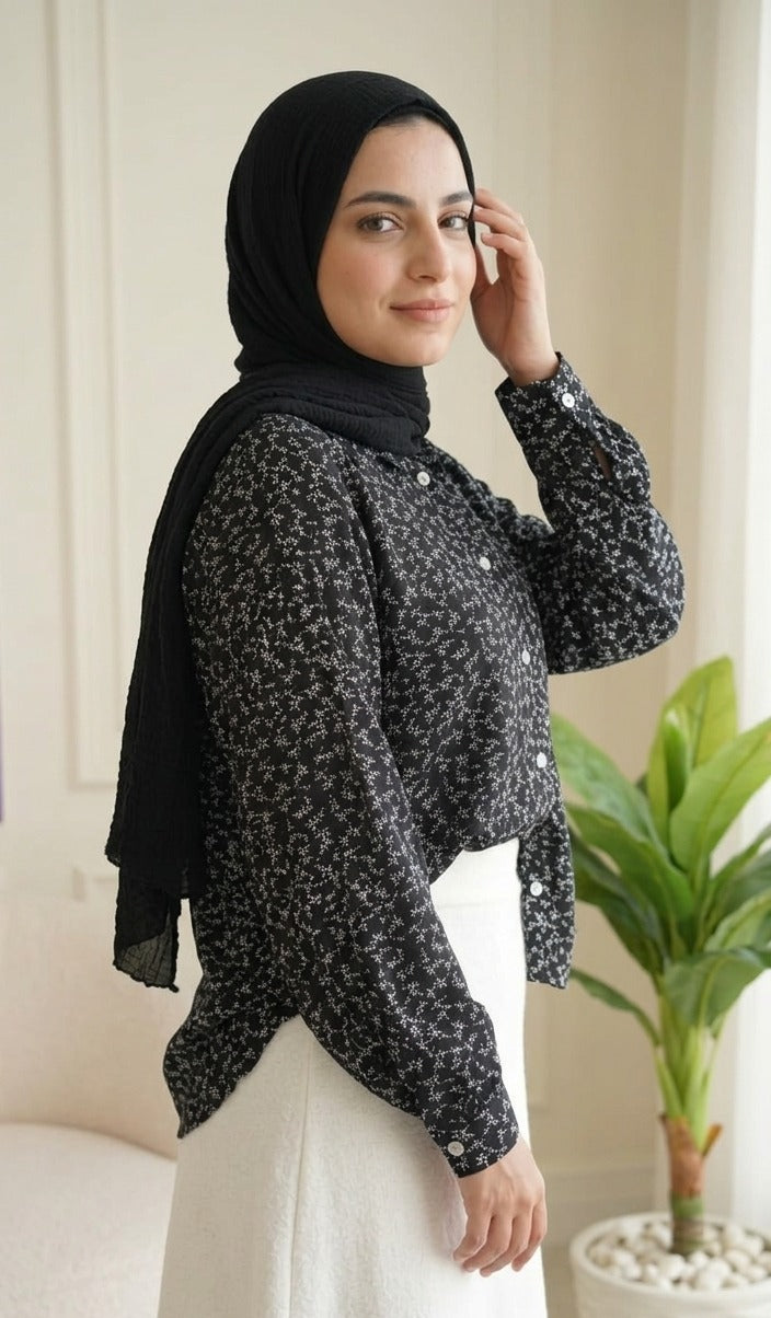 Floral Printed Linen Shirt- black