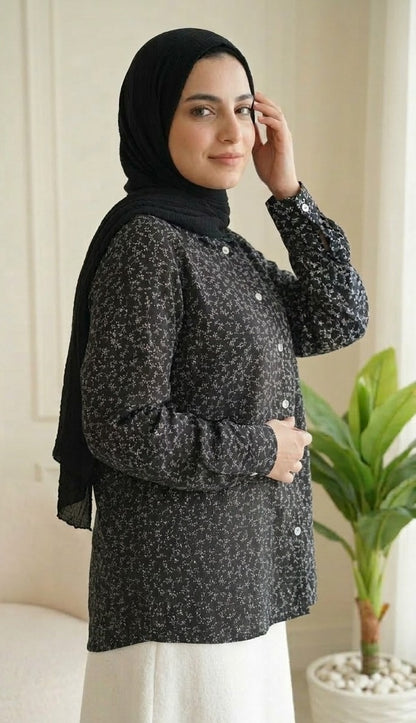 Floral Printed Linen Shirt- black