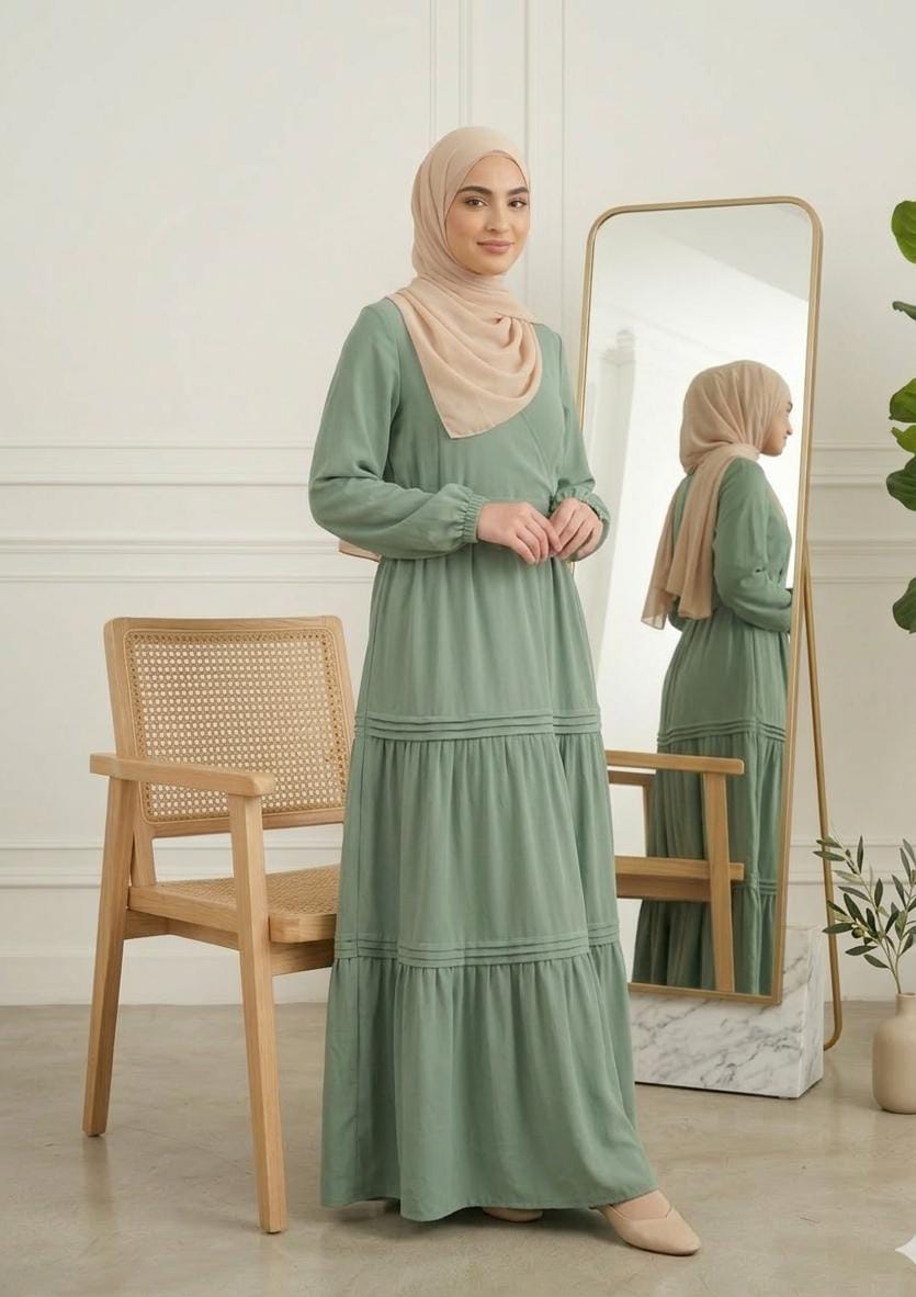 Lauren Tiered Crepe Dress with Matching Hijab-Mint