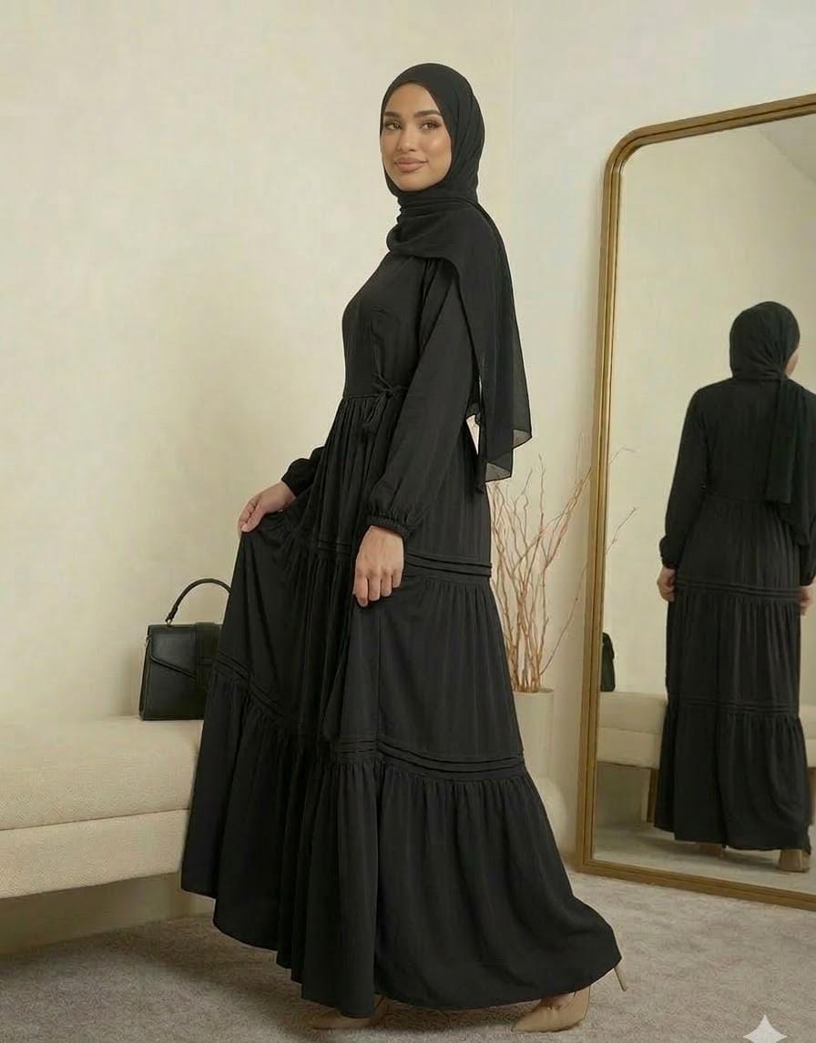 Lauren Tiered Crepe Dress with Matching Hijab-Black
