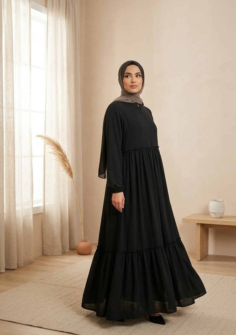 Mila Tiered Crepe Abaya- Black