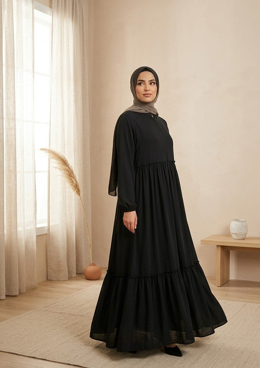 Mila Tiered Crepe Abaya- Black