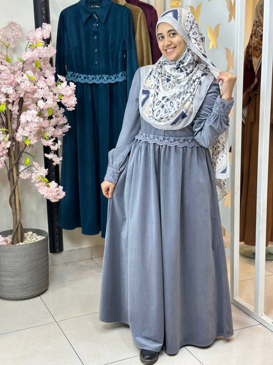 Floral Velvet Dress - Gray