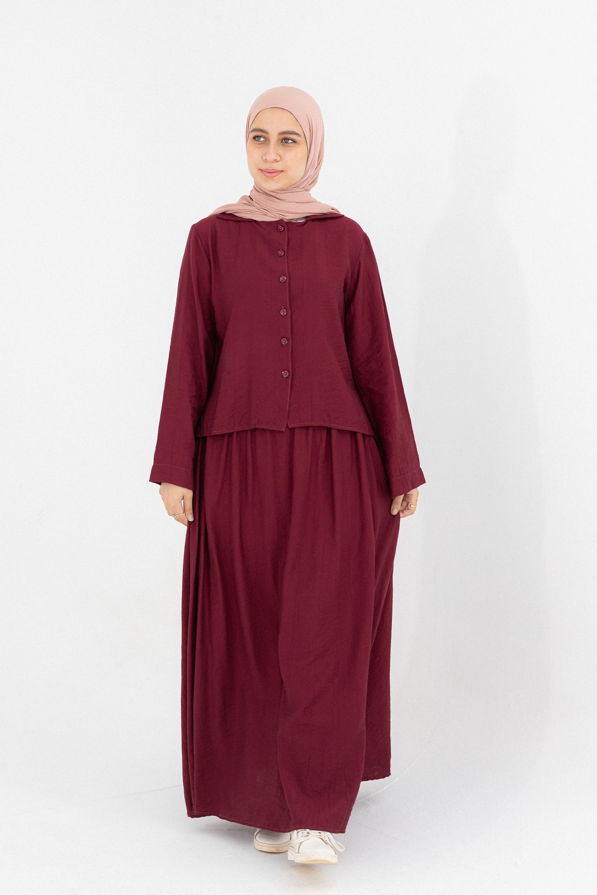 Mira 2-Piece Suit (Button-Down Shirt & Skirt)-dark red