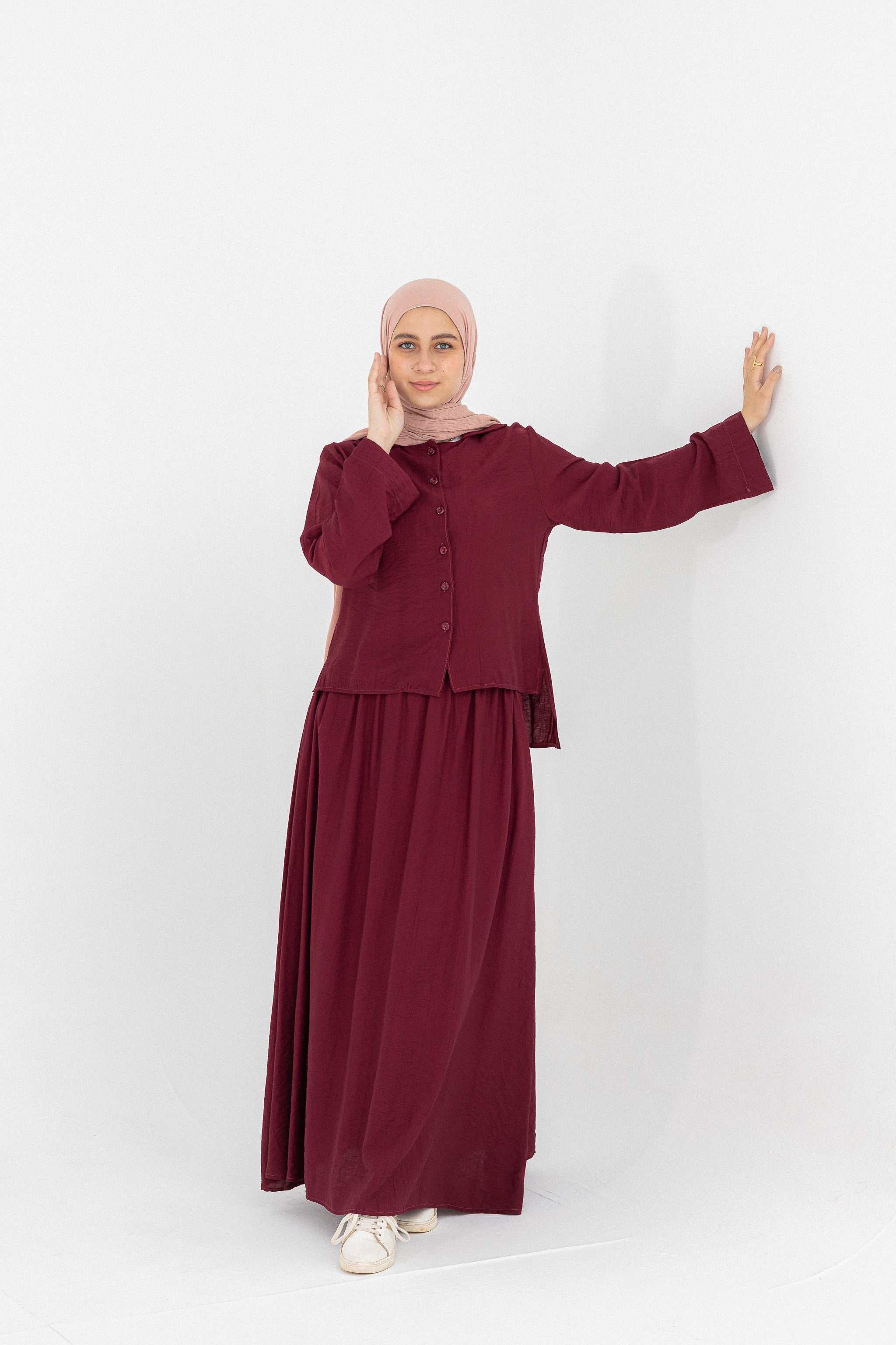 Mira 2-Piece Suit (Button-Down Shirt & Skirt)-dark red