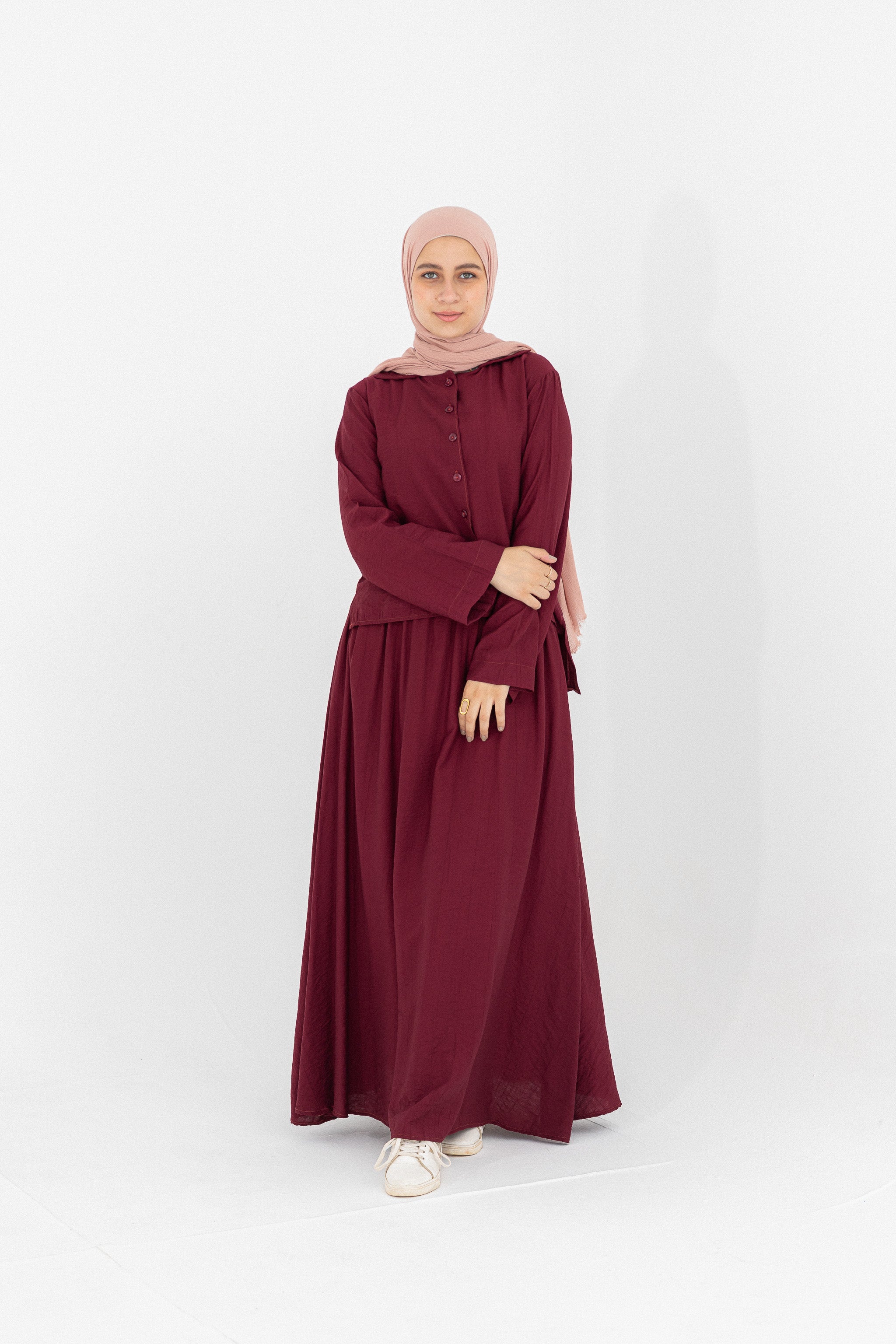 Mira 2-Piece Suit (Button-Down Shirt & Skirt)-dark red