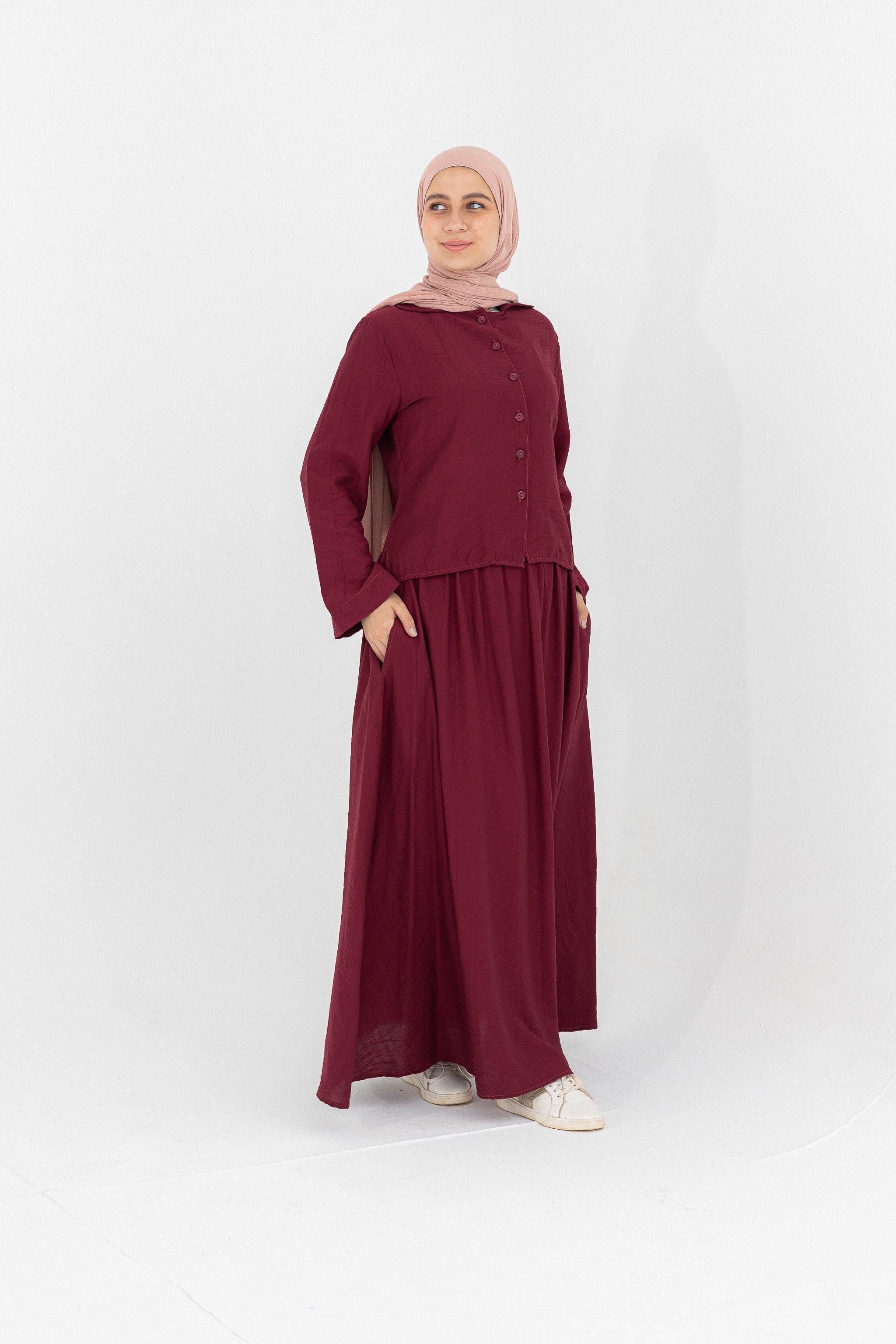 Mira 2-Piece Suit (Button-Down Shirt & Skirt)-dark red