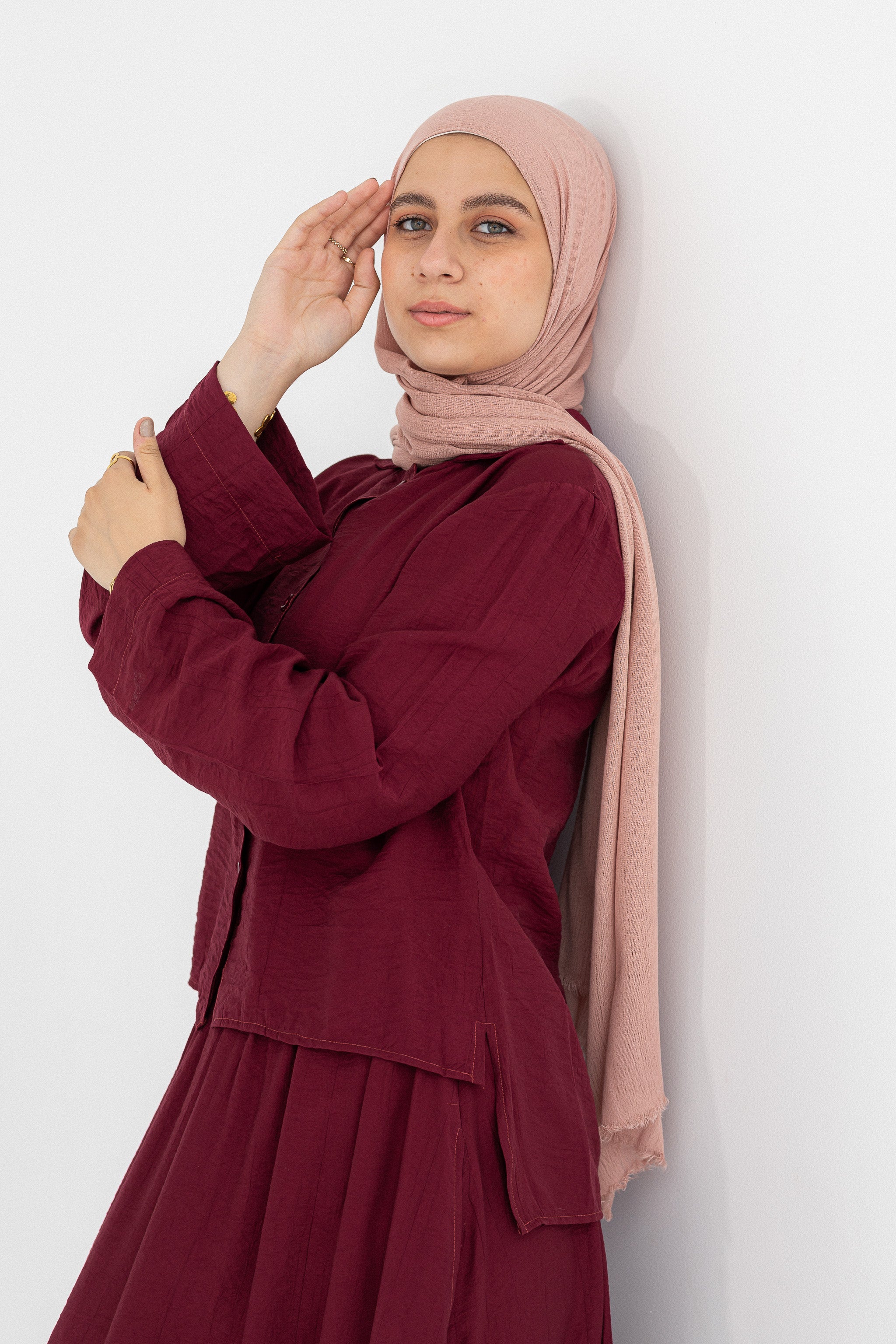 Mira 2-Piece Suit (Button-Down Shirt & Skirt)-dark red