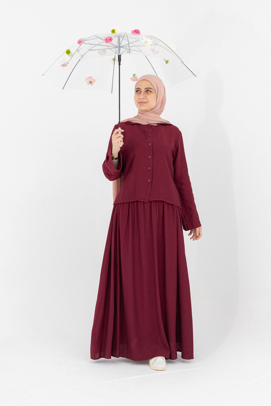 Mira 2-Piece Suit (Button-Down Shirt & Skirt)-dark red