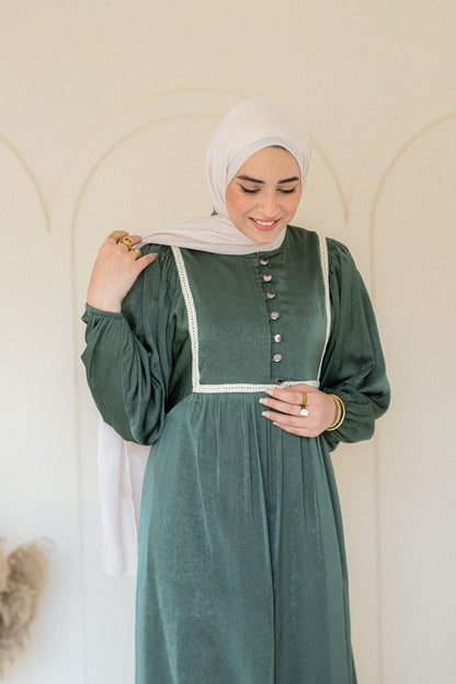 Shimmer Jacqurad Satin Dress Dark Green