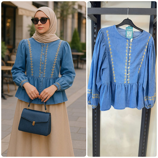 Casual Denim Embroidered Blouse