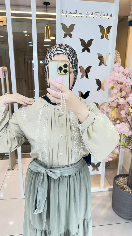 Blouse linen Embroidere Beige 25366
