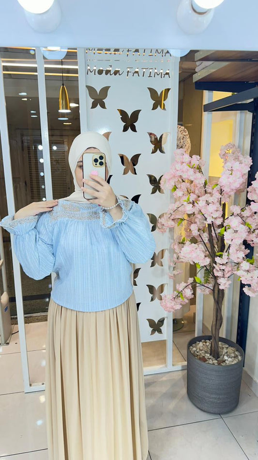 Blouse linen Embroidere  Light Blue 25346