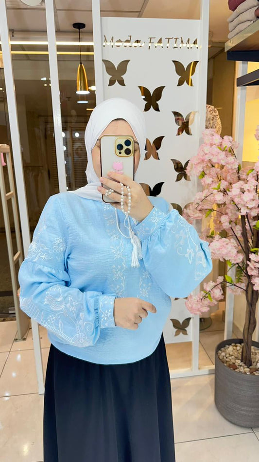 Blouse linen Embroidere Light Blue 25365
