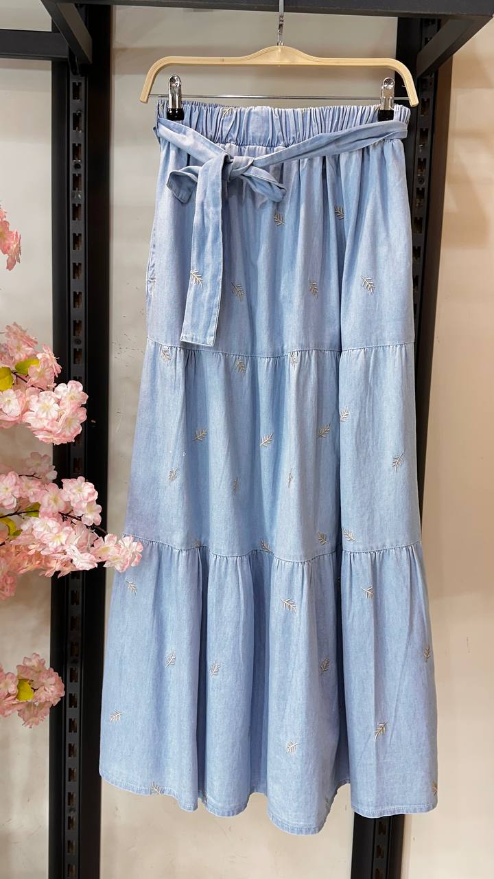Embroidered Floral Denim Skirt